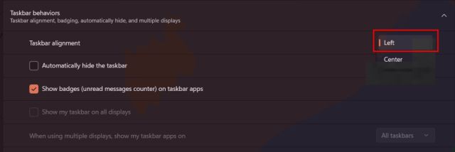 విండోస్ 11లో టాస్క్బార్ను ఎడమవైపుకు తరలించండి